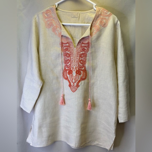 Symple Tops - Symple Linen Embroidered Cream Colored  Tunic Top Large